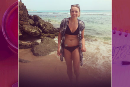 Girl standing on a beach wearing a bikini and an insulin pump